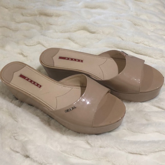 Prada Shoes - Prada Tan Patent Leather Wedge